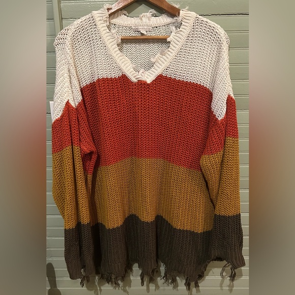 Cato Women's White/Orange/Gold/Green Knit Sweater w/ Fringe Size 18/20W - Picture 1 of 8